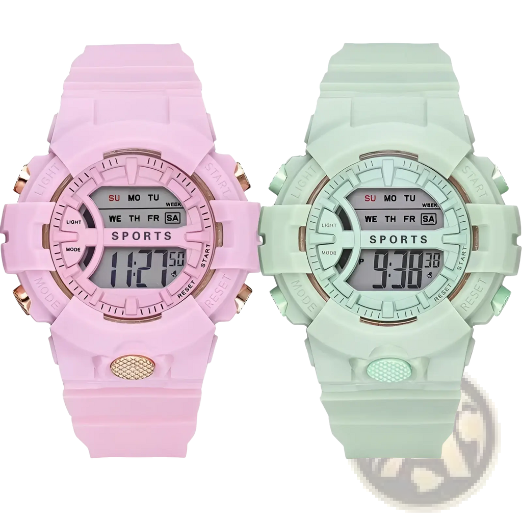 Digital sports watch for women and men featuring pink and mint green colors with rose gold accents