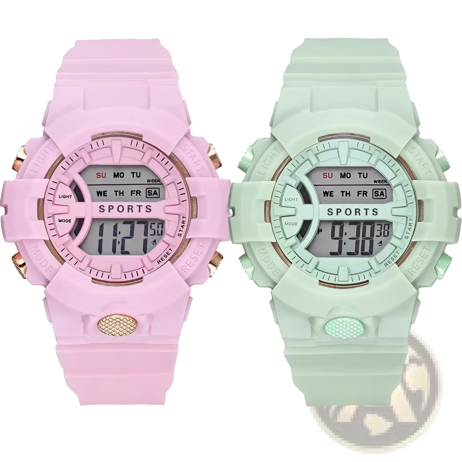 Digital sports watch for women and men featuring pink and mint green colors with rose gold accents