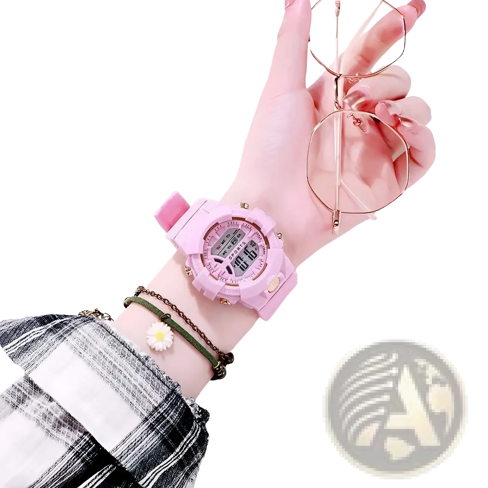 Digital sports watch for women and men with pink silicone strap and gold-tone accents for active use