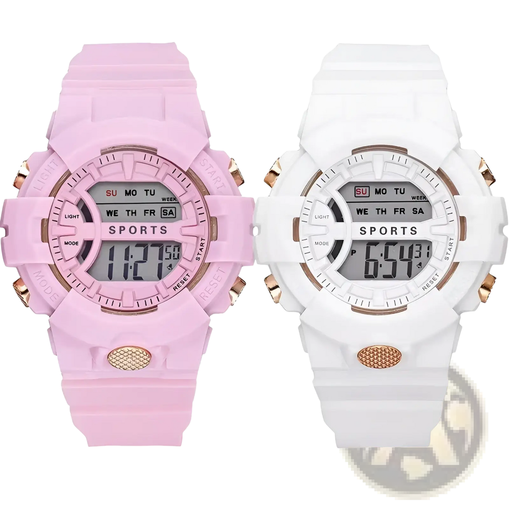 Digital sports watches for women and men in pink and white with rose gold accents for active use