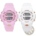 Digital sports watches for women and men in pink and white with rose gold accents for active use