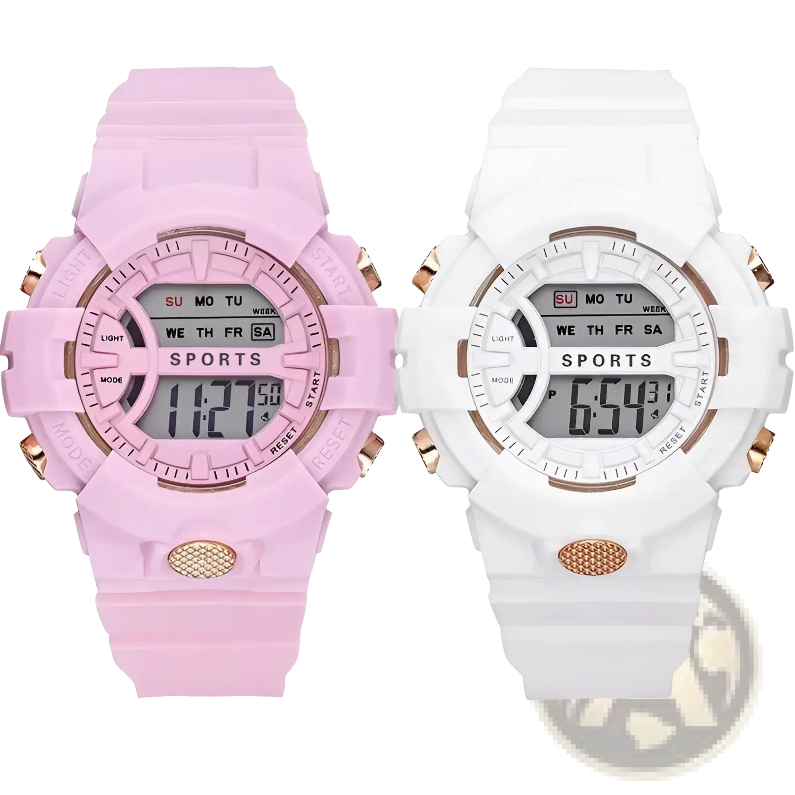 Digital sports watches for women and men in pink and white with rose gold accents for active use