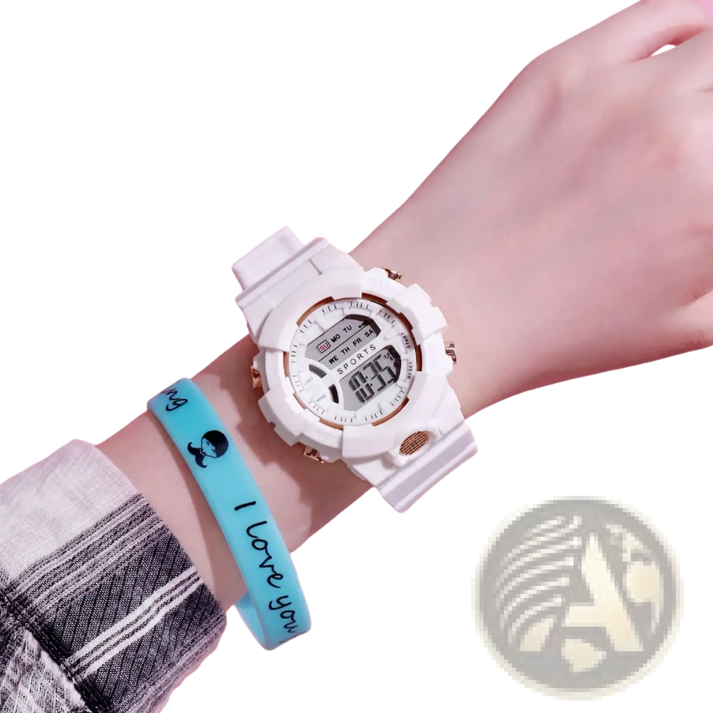 Digital sports watch for women and men with white case, rose gold accents, and white silicone strap