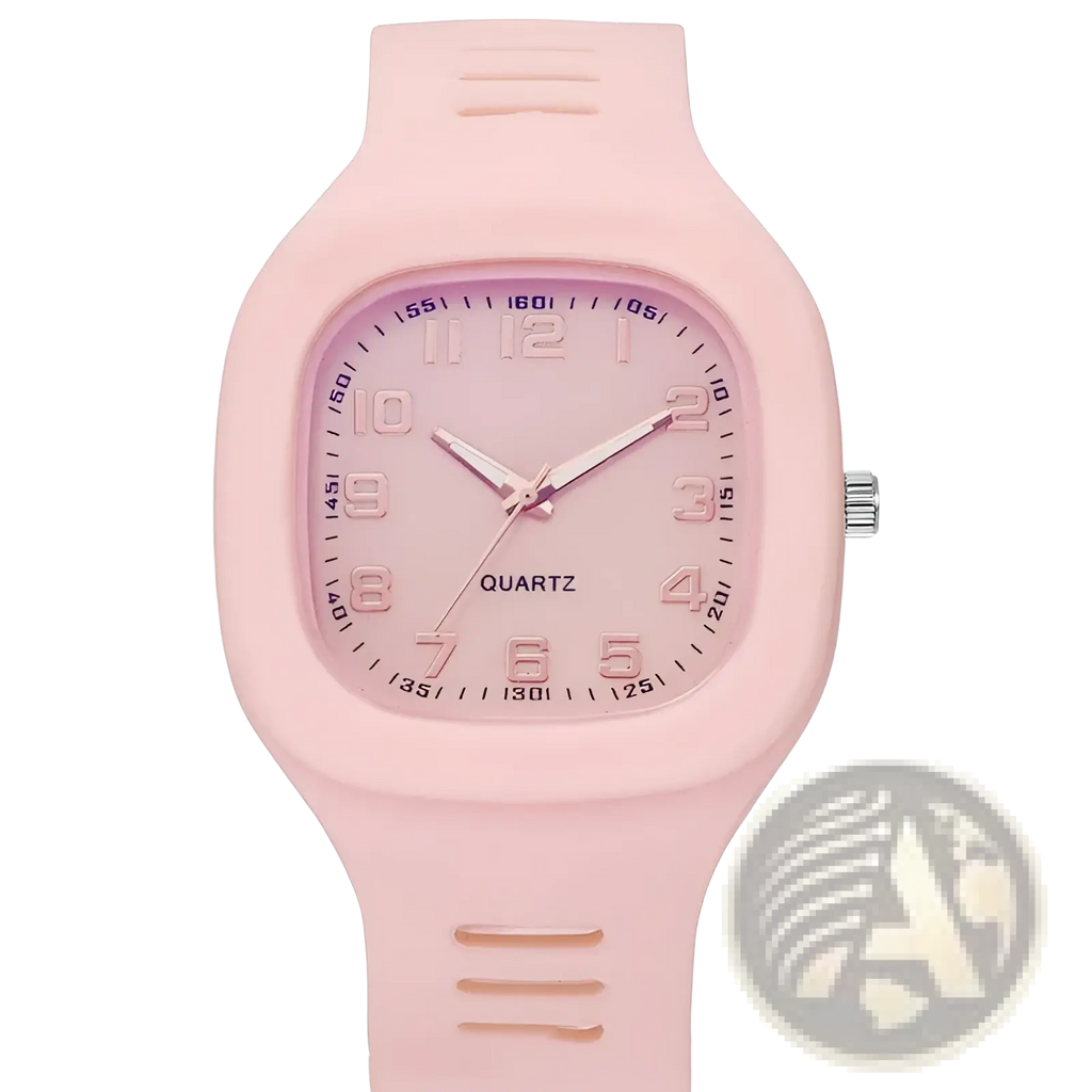 Digital square silicone watch in pink with a square face and silver-tone hands for casual sport wear