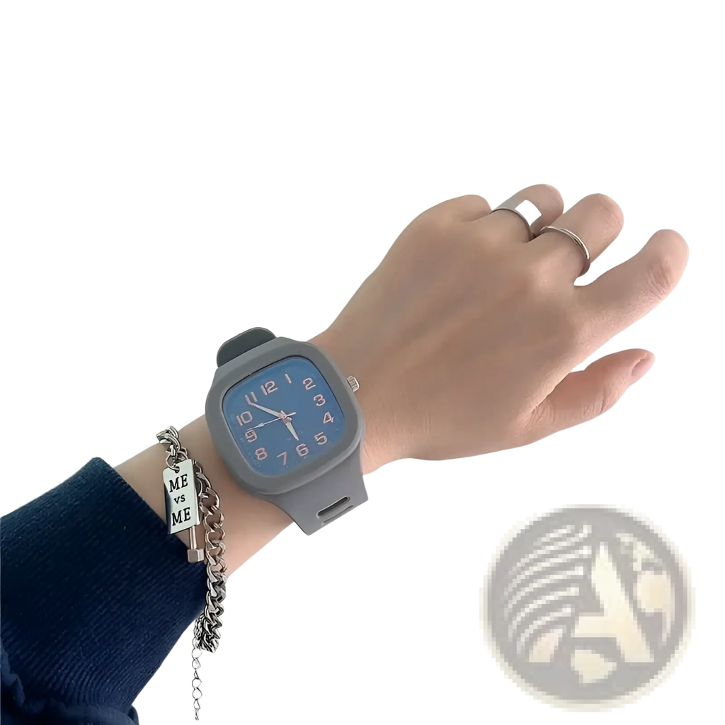 Digital square silicone watch with gray band, square face, and blue dial featuring pink numerals for casual sport use