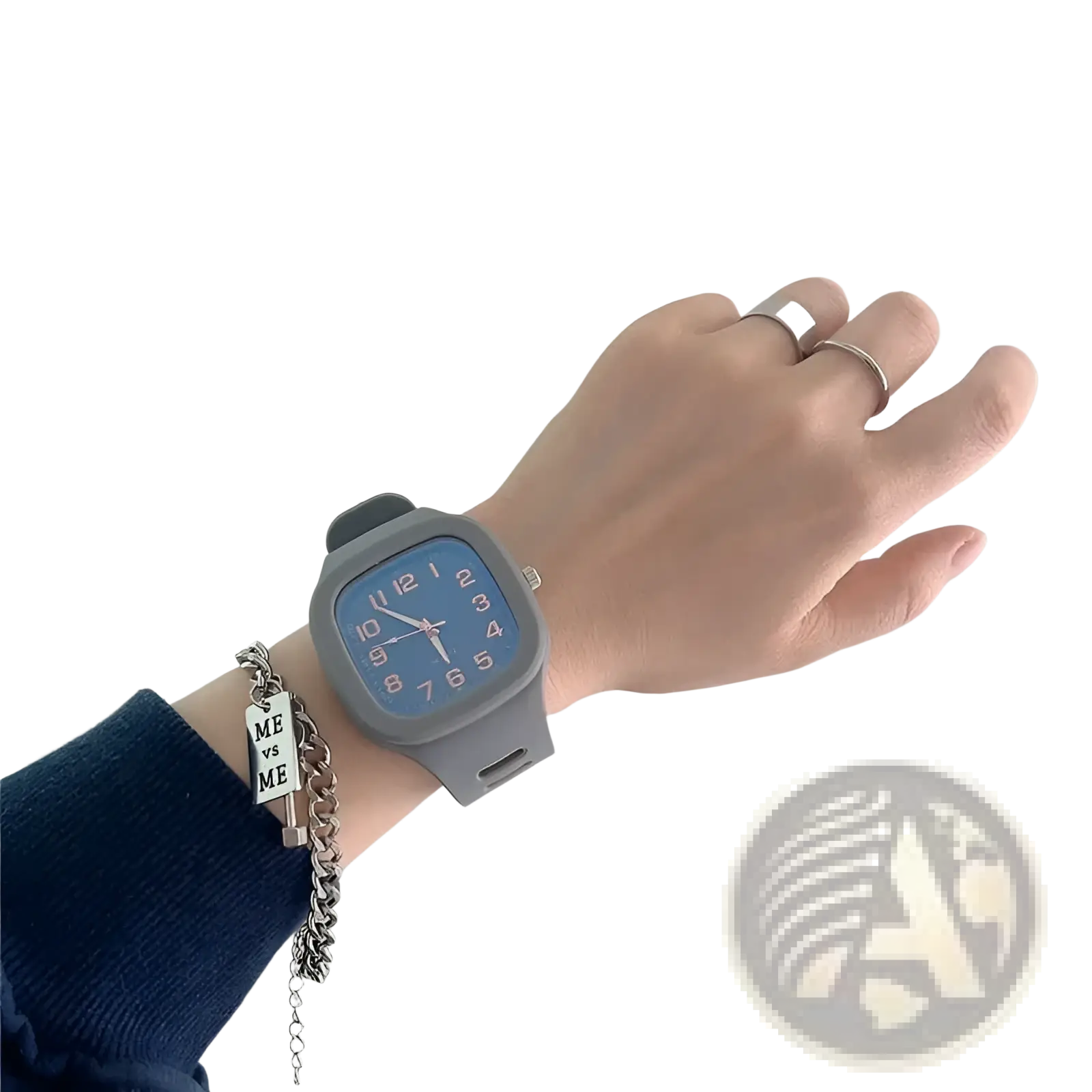Digital square silicone watch with gray band, square face, and blue dial featuring pink numerals for casual sport use
