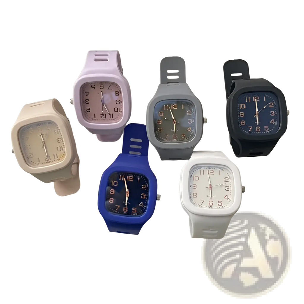 A set of six colorful digital square silicone watches in pastel pink beige gray black royal blue and white for casual sport use