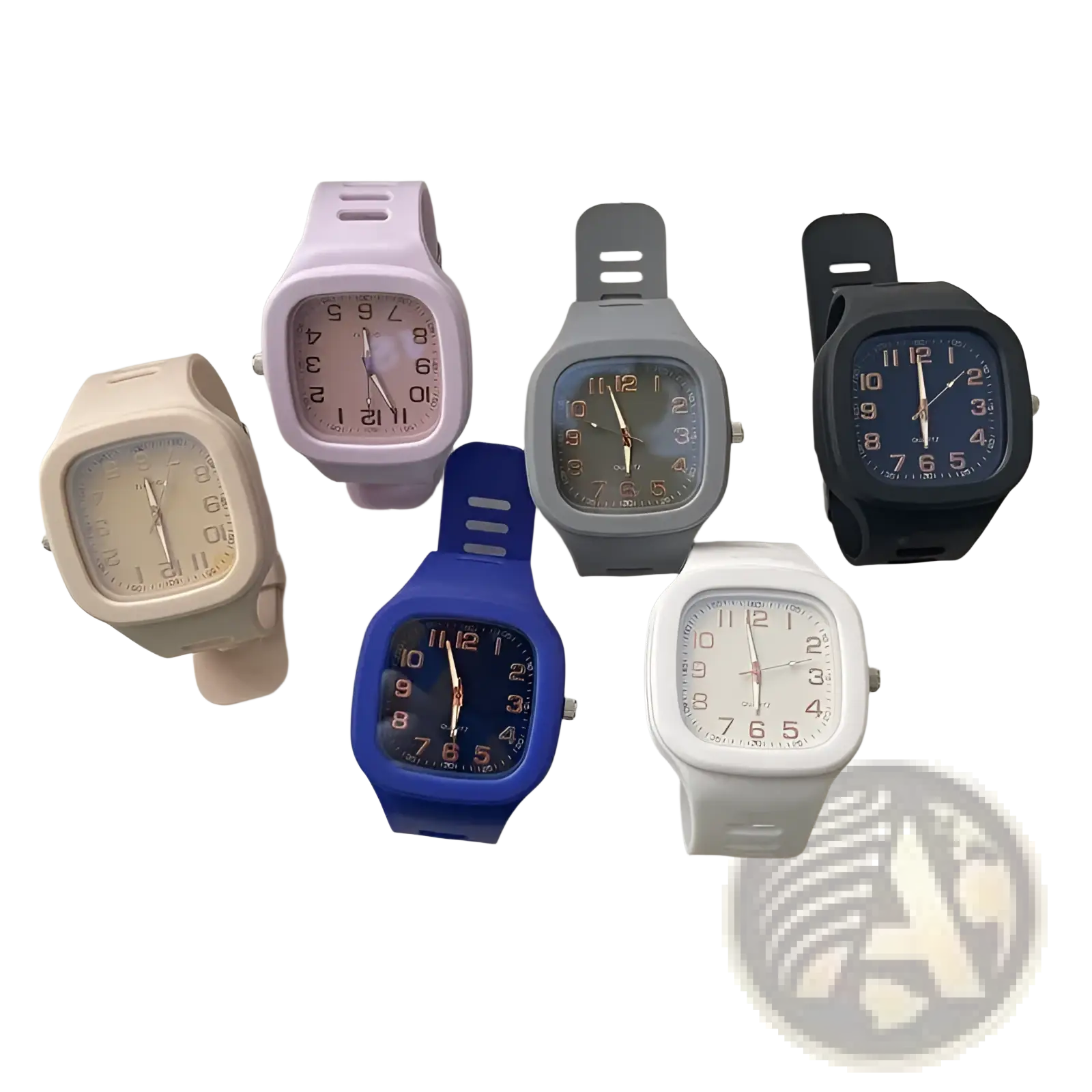 A set of six colorful digital square silicone watches in pastel pink beige gray black royal blue and white for casual sport use