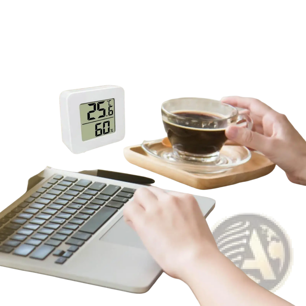 White digital thermometer and hygrometer room monitor displaying 25.6°c temperature and 60 percent humidity
