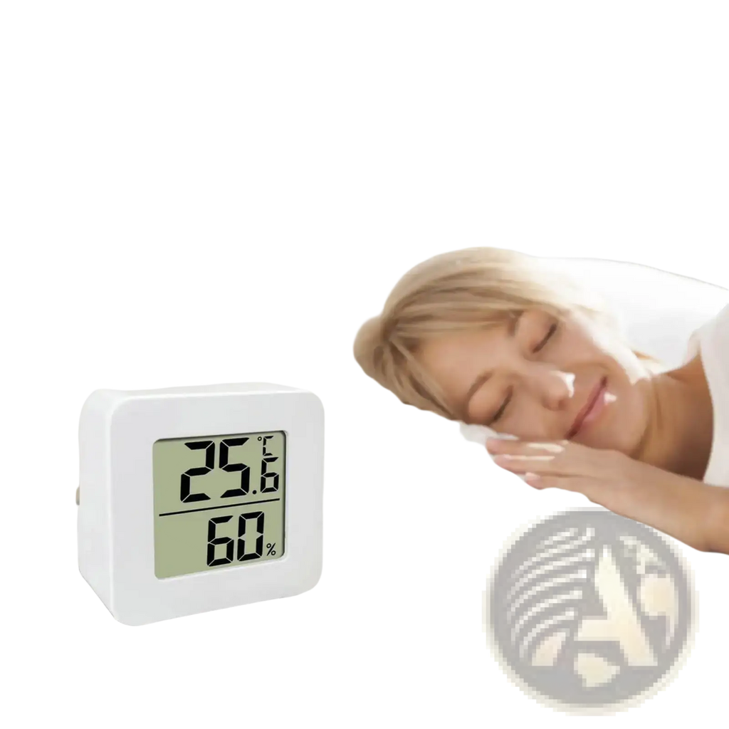 White rectangular digital thermometer and hygrometer room monitor displaying temperature and humidity beside a sleeping person