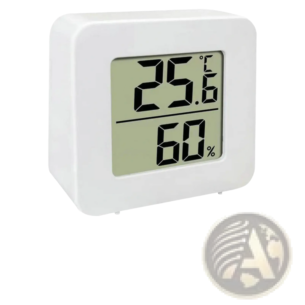 White square digital thermometer and hygrometer with minimalist design displaying temperature and humidity for room monitoring