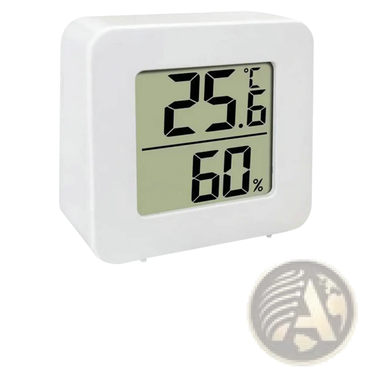 White square digital thermometer and hygrometer with minimalist design displaying temperature and humidity for room monitoring