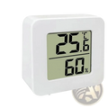 Digital thermometer and hygrometer room monitor with white square body, black numerals, and humidity temperature display