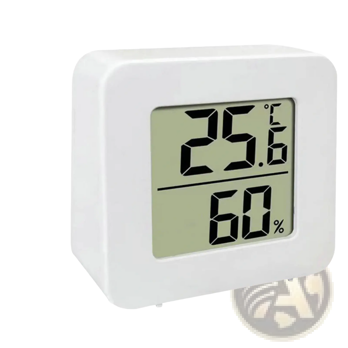 Digital thermometer and hygrometer room monitor with white square body, black numerals, and humidity temperature display