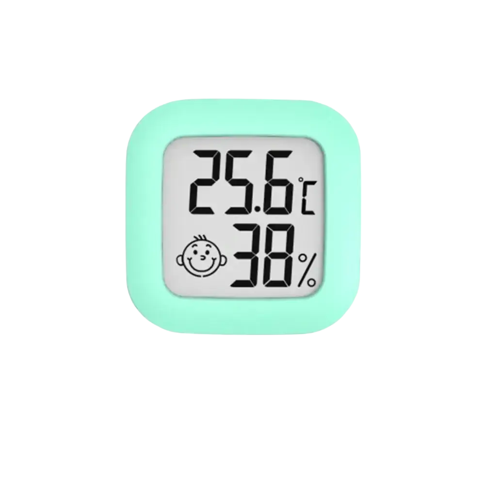 Mint green digital thermometer and hygrometer room sensor with smiling face icon and clear measurement range display