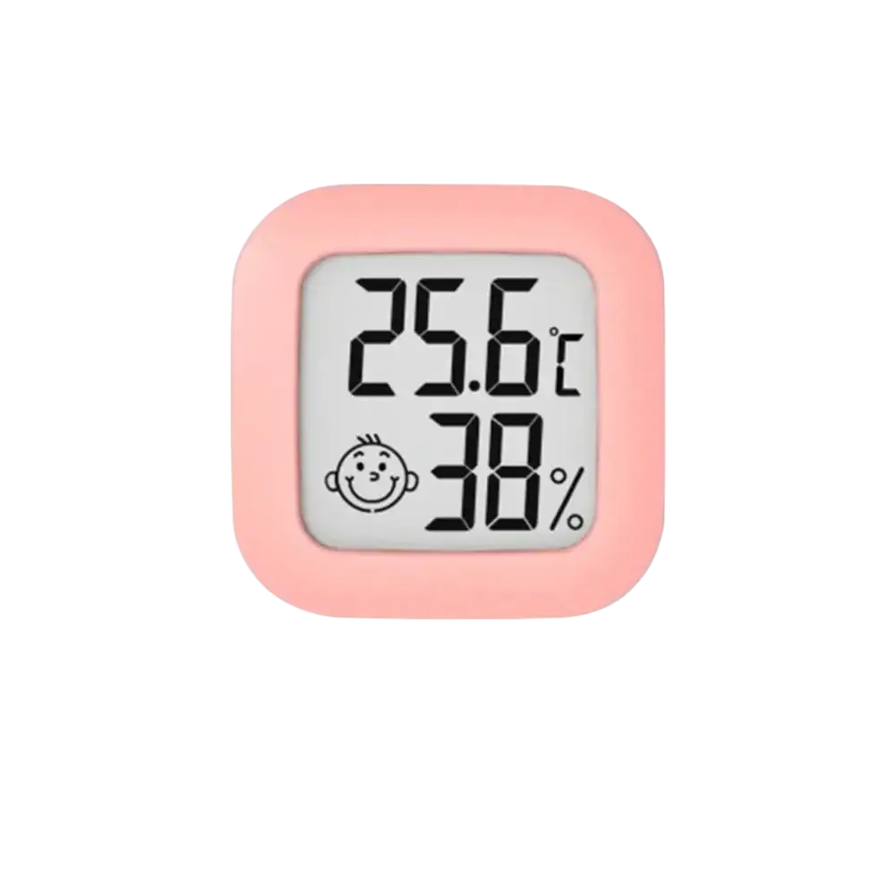 Pink square digital thermometer and hygrometer room sensor with smiling face icon and accurate measurement range display