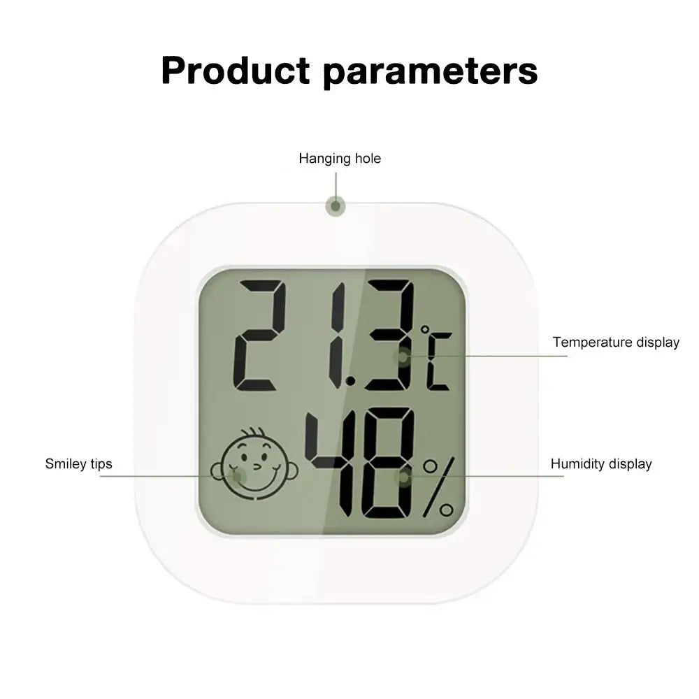 White square digital thermometer and hygrometer room sensor with smiling face icon and wide measurement range display