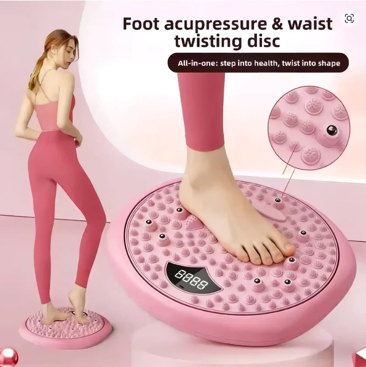 Digital waist twisting disc in pink with textured foot massage bumps, digital display, and small black control button