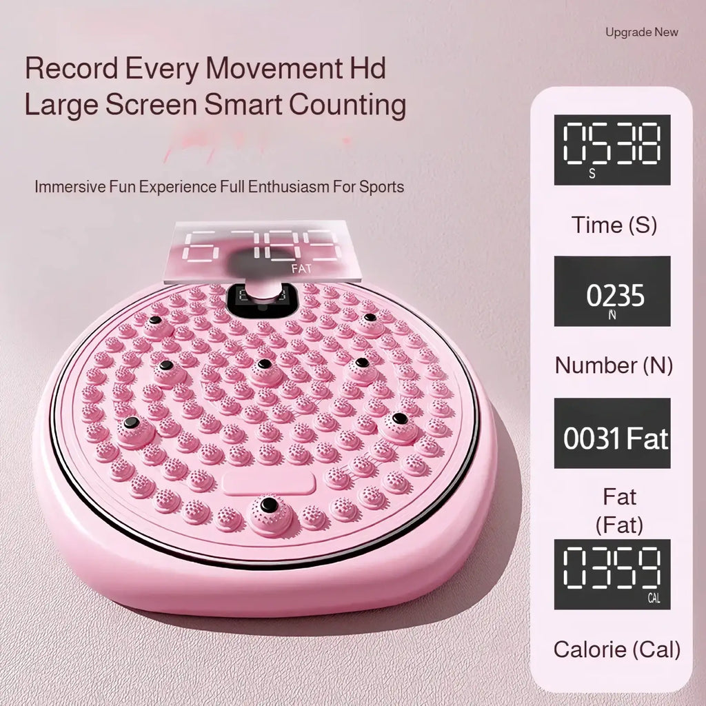 Digital waist twisting disc in pink with textured surface and digital display for time steps fat burned and calories