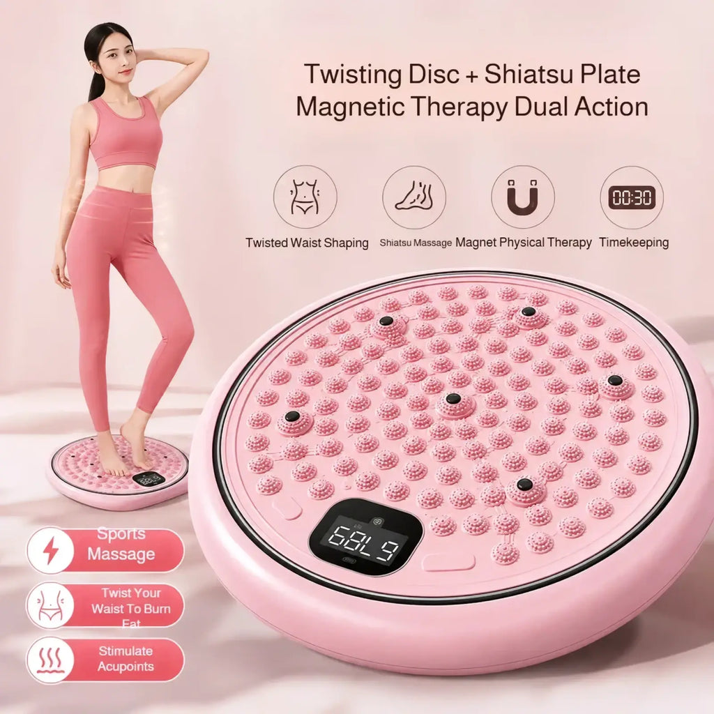 Pink digital waist twisting disc with magnetic therapy, textured acupressure bumps and foot massage digital display