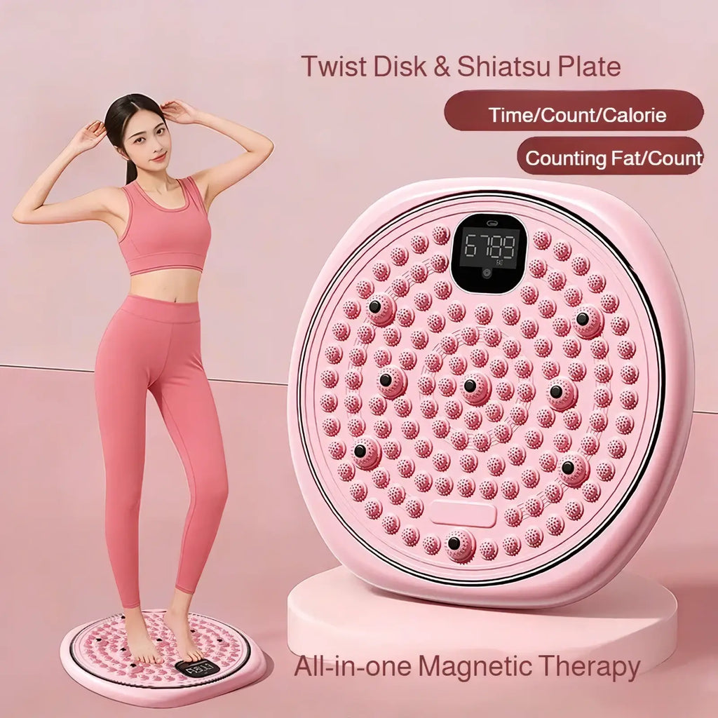 Digital waist twisting disc with pink shiatsu foot massage plate and digital display showing time countdown