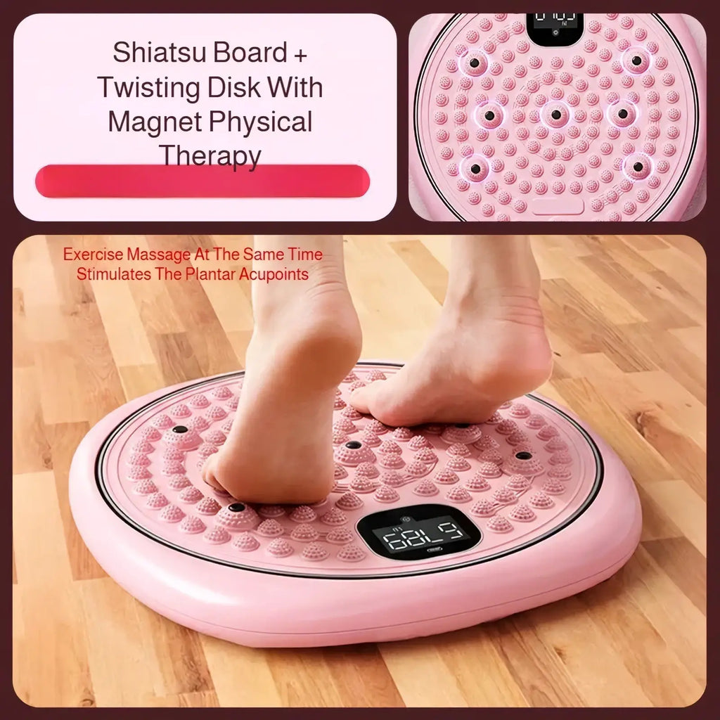 Digital waist twisting disc in pink with shiatsu textured nodules and magnetic therapy for foot massage use