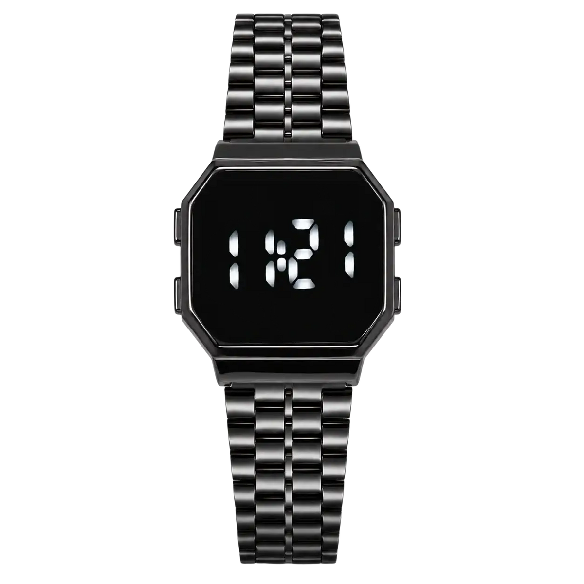 Black digital watch with octagonal face quartz movement digital display and smart casual steel link bracelet