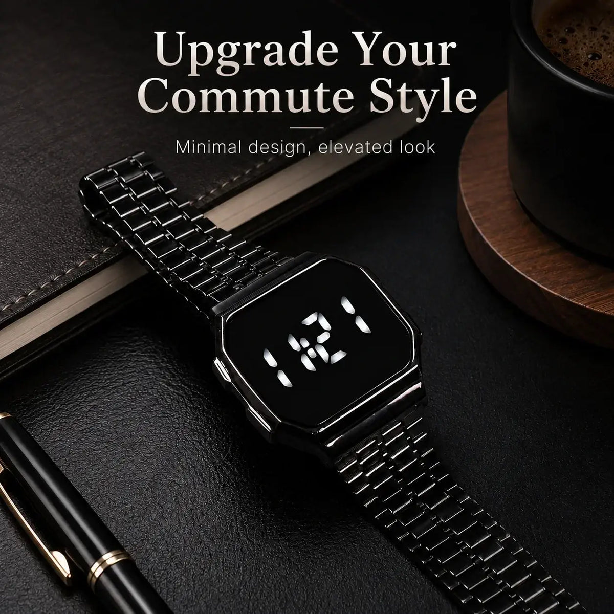 Black digital watch with quartz movement, digital display, octagonal face, and smart casual sleek steel strap