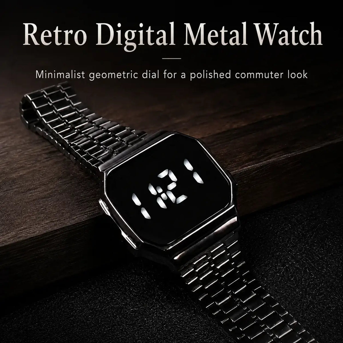 Black retro digital watch with quartz movement digital display and polished stainless steel bracelet for smart casual use
