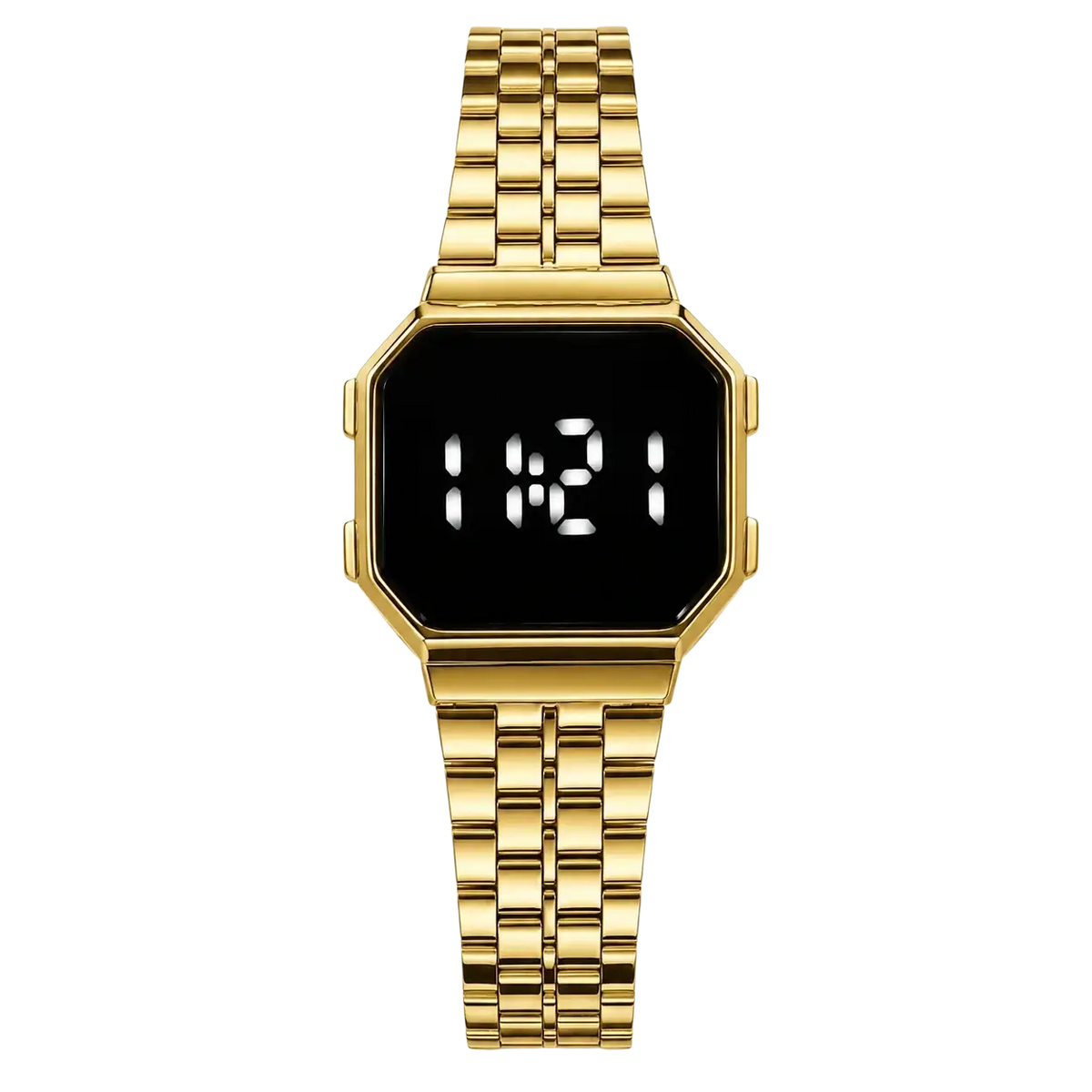 Gold digital watch with quartz movement, digital display, octagonal face, and smart casual steel link bracelet strap