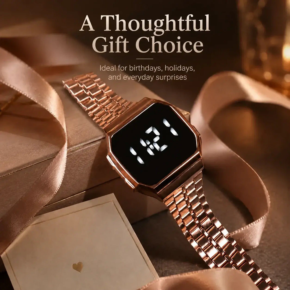 Rose gold digital watch with quartz movement digital display and smart casual steel strap bracelet design