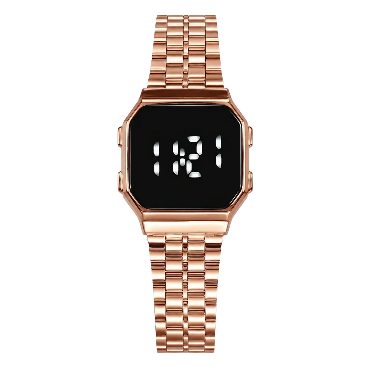 Rose gold digital watch with quartz movement, digital display, sleek octagonal case, and smart casual steel link bracelet