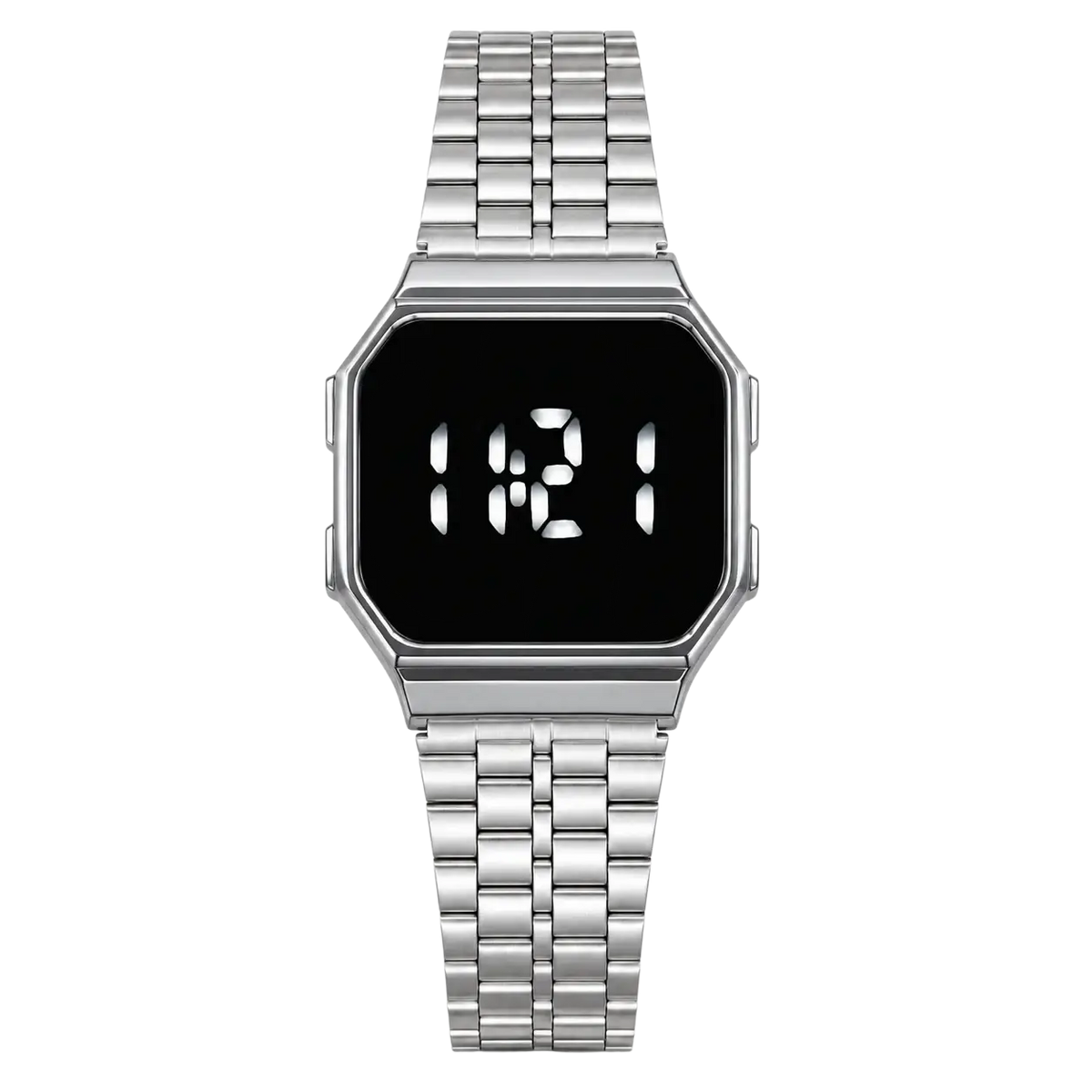 Silver digital watch with octagonal case quartz movement digital display and smart casual steel link bracelet