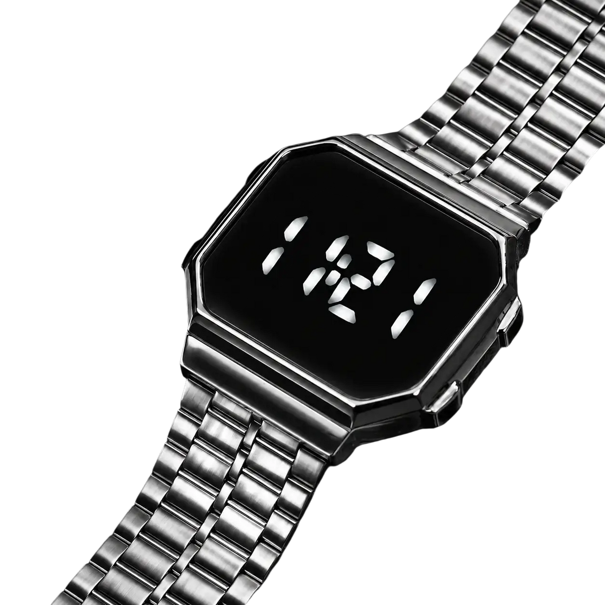 Silver digital watch with geometric cut-corner dial quartz movement digital display and smart casual steel strap