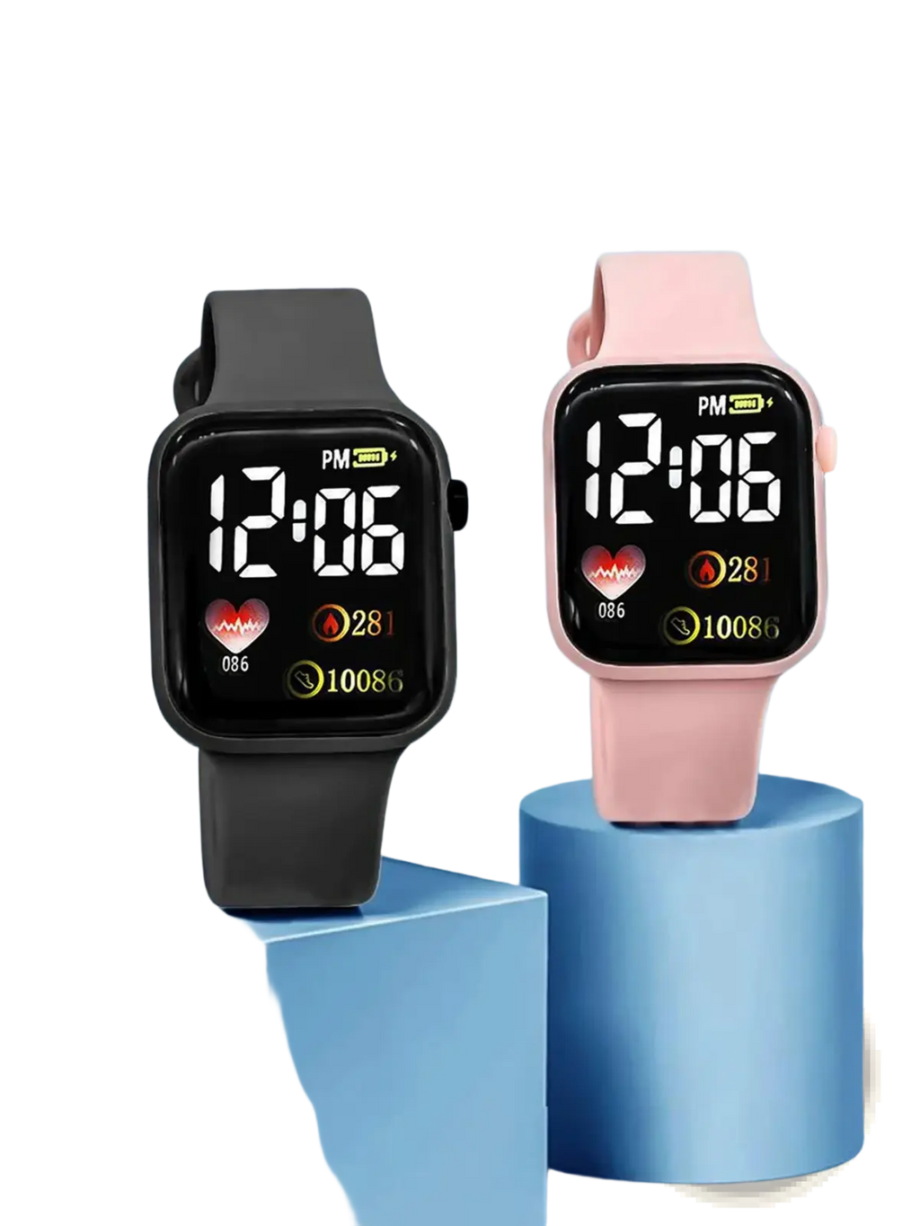 Black and pink digital watch set for women with square faces, sporty silicone straps, and health-tracking displays