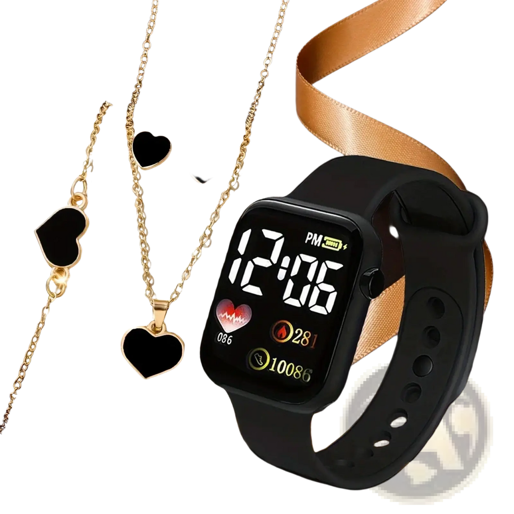 Black digital watch set women with rectangular display and black silicone strap showing time and health metrics