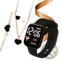 Black digital watch set women with rectangular display and black silicone strap showing time and health metrics