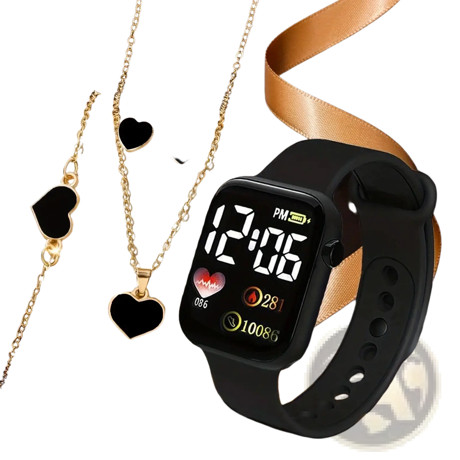 Black digital watch set women with rectangular display and black silicone strap showing time and health metrics