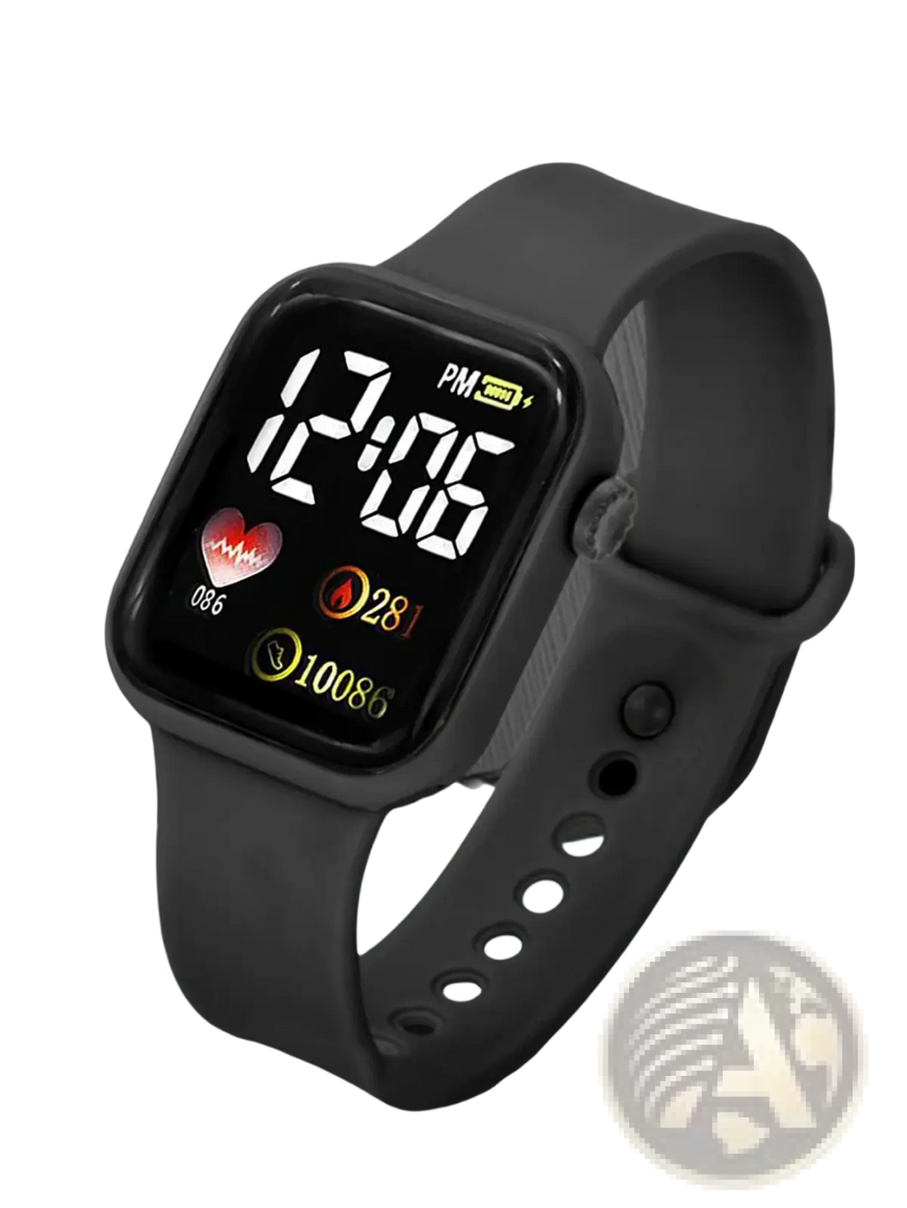 Black silicone digital watch set for women featuring a square display showing time heart rate and steps