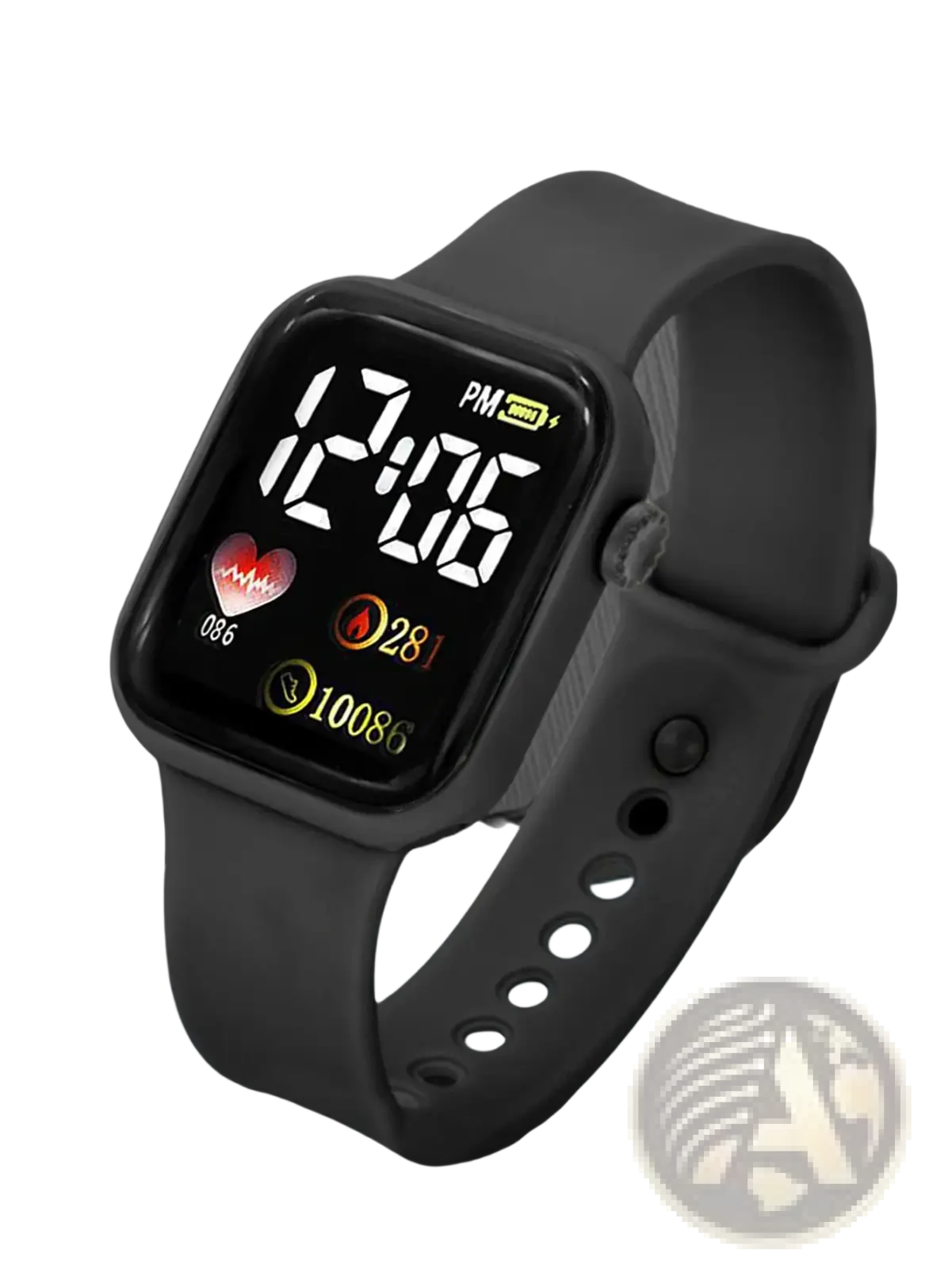 Black silicone digital watch set for women featuring a square display showing time heart rate and steps