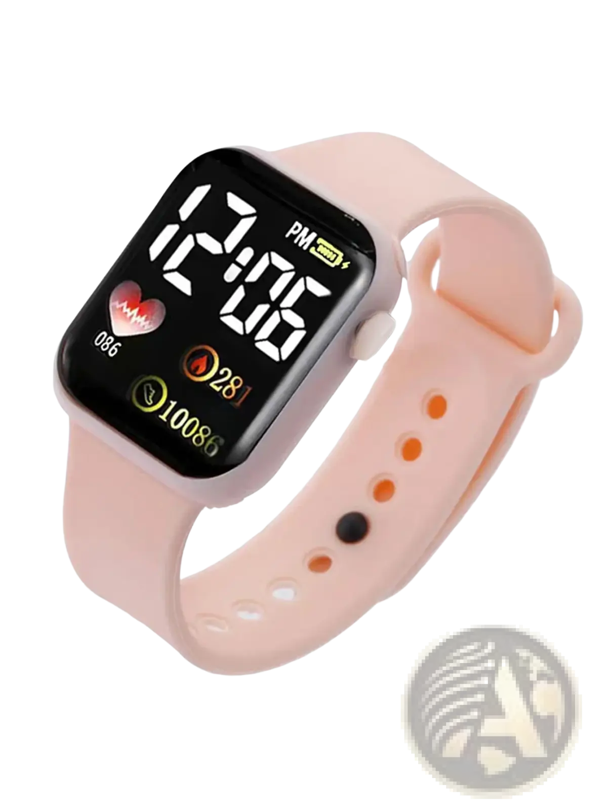Pink silicone strap digital watch set for women featuring a black display with time heart rate and steps tracking