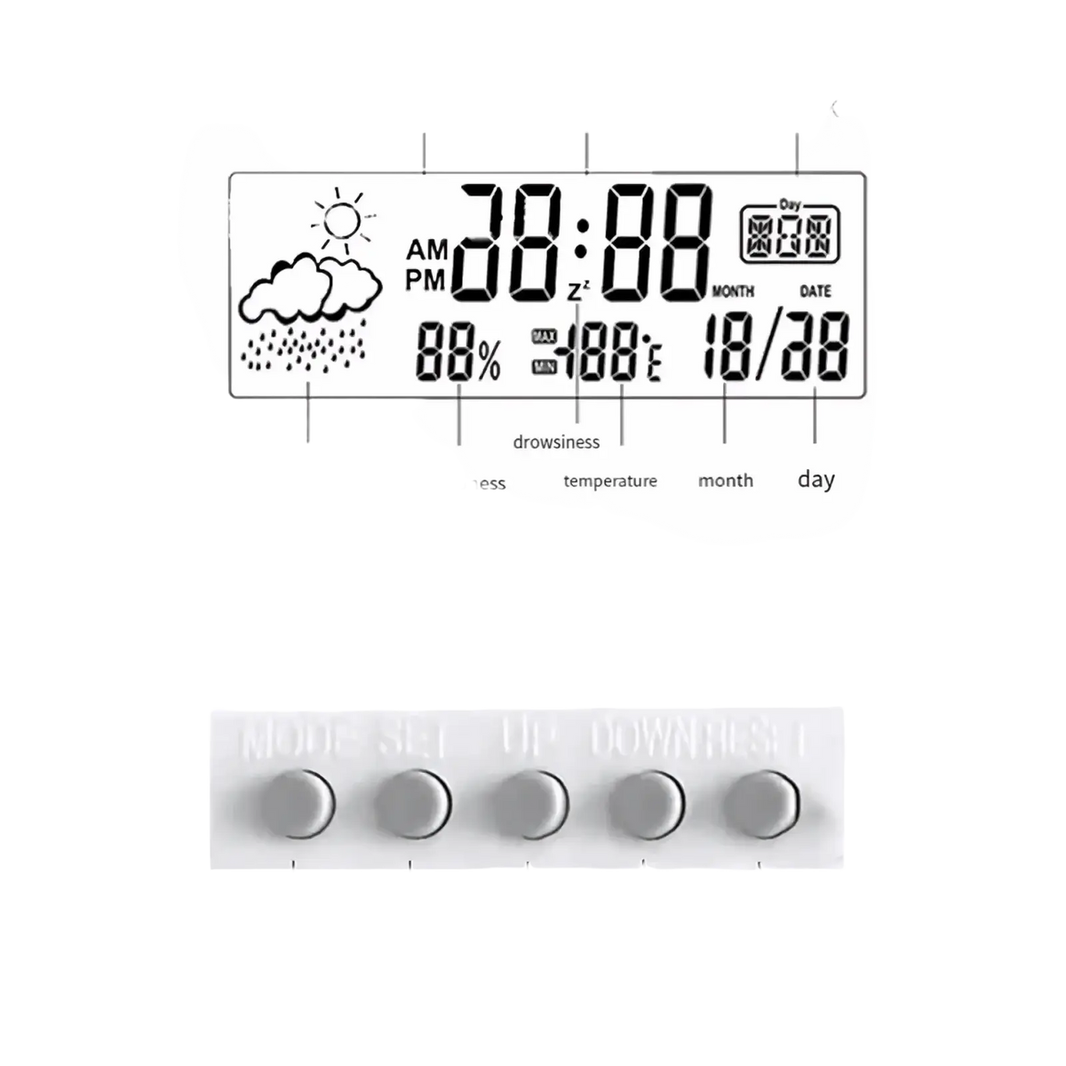 Digital weather desktop alarm clock with white screen showing time temperature humidity day and weather icon