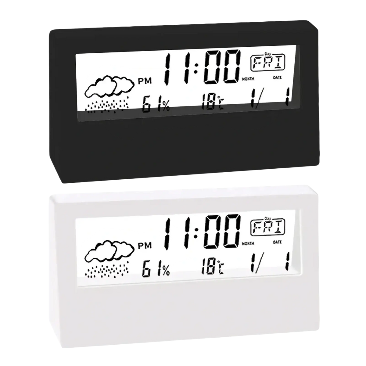 Digital weather desktop alarm clocks in black and white displaying time date weather and temperature on a digital screen