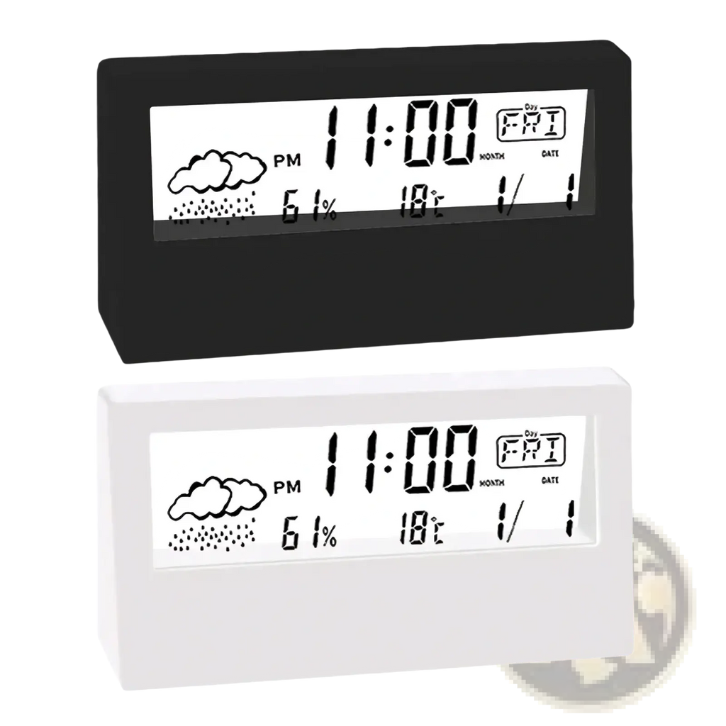Digital weather desktop alarm clocks in black and white displaying time date weather and temperature on a digital screen