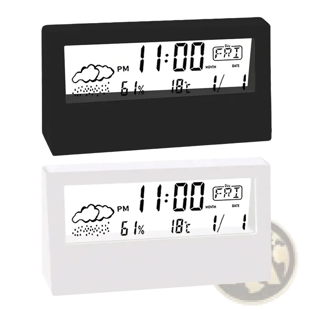 Digital weather desktop alarm clocks in black and white displaying time date weather and temperature on a digital screen