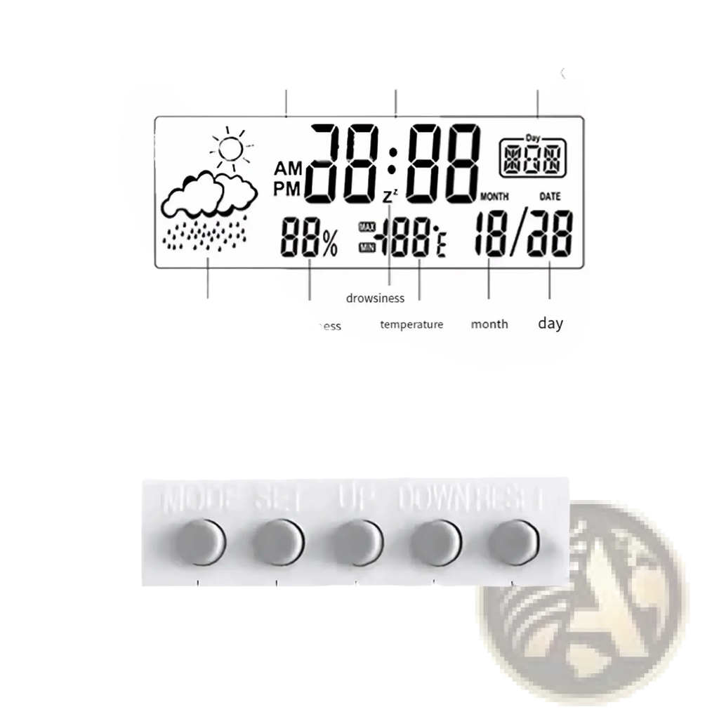 Digital weather desktop alarm clock with white screen showing time temperature humidity day and weather icon