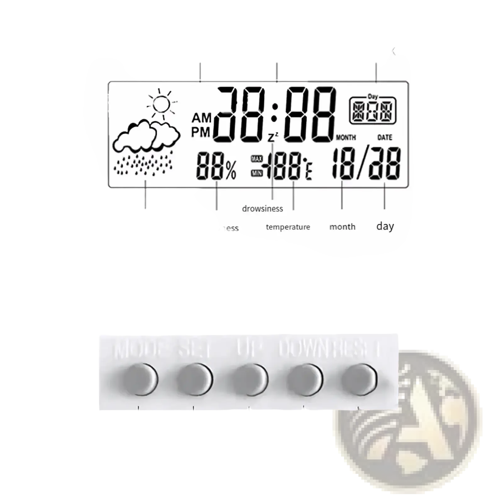 Digital weather desktop alarm clock with white screen showing time temperature humidity day and weather icon