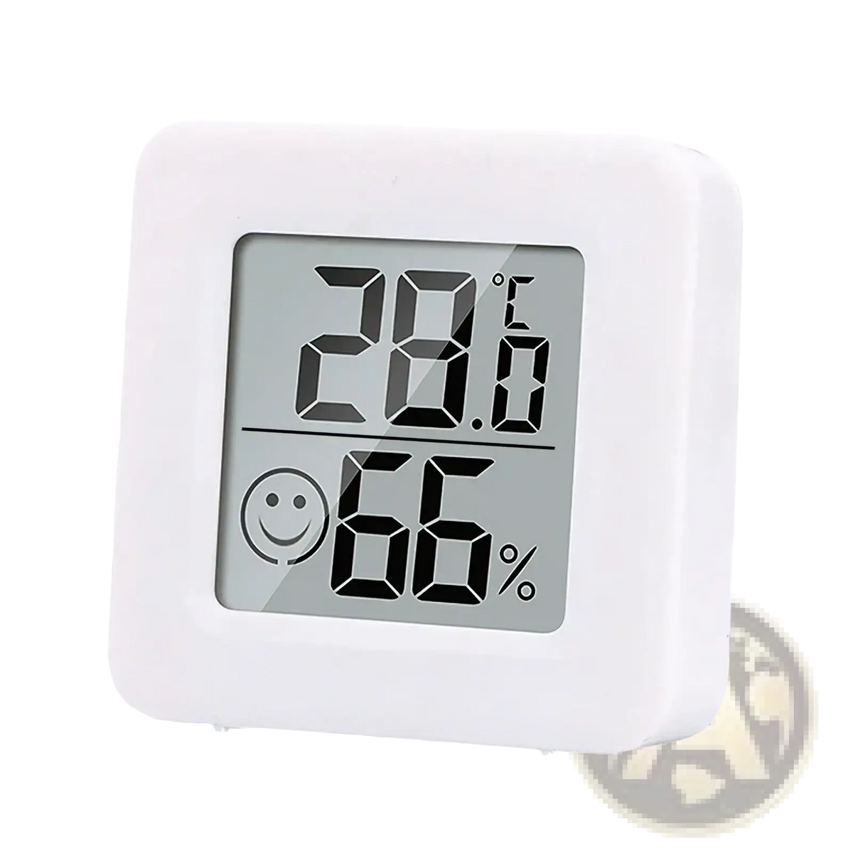 White square digital weather desktop alarm clock displaying temperature 28.0°c humidity 66% with smiling face icon