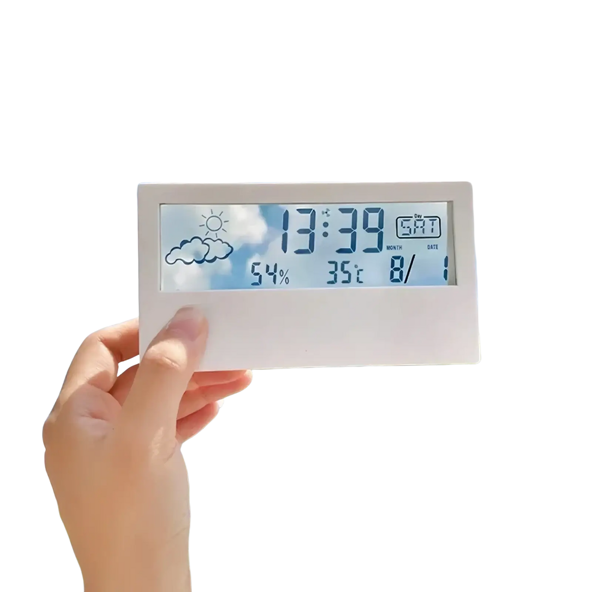 White rectangular digital weather desktop alarm clock displaying time date temperature humidity and cloud icon