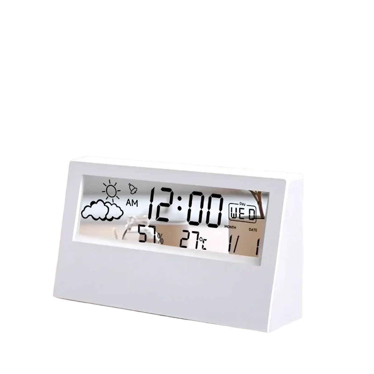 White rectangular digital weather desktop alarm clock with sleek minimalist design displaying time date and temperature